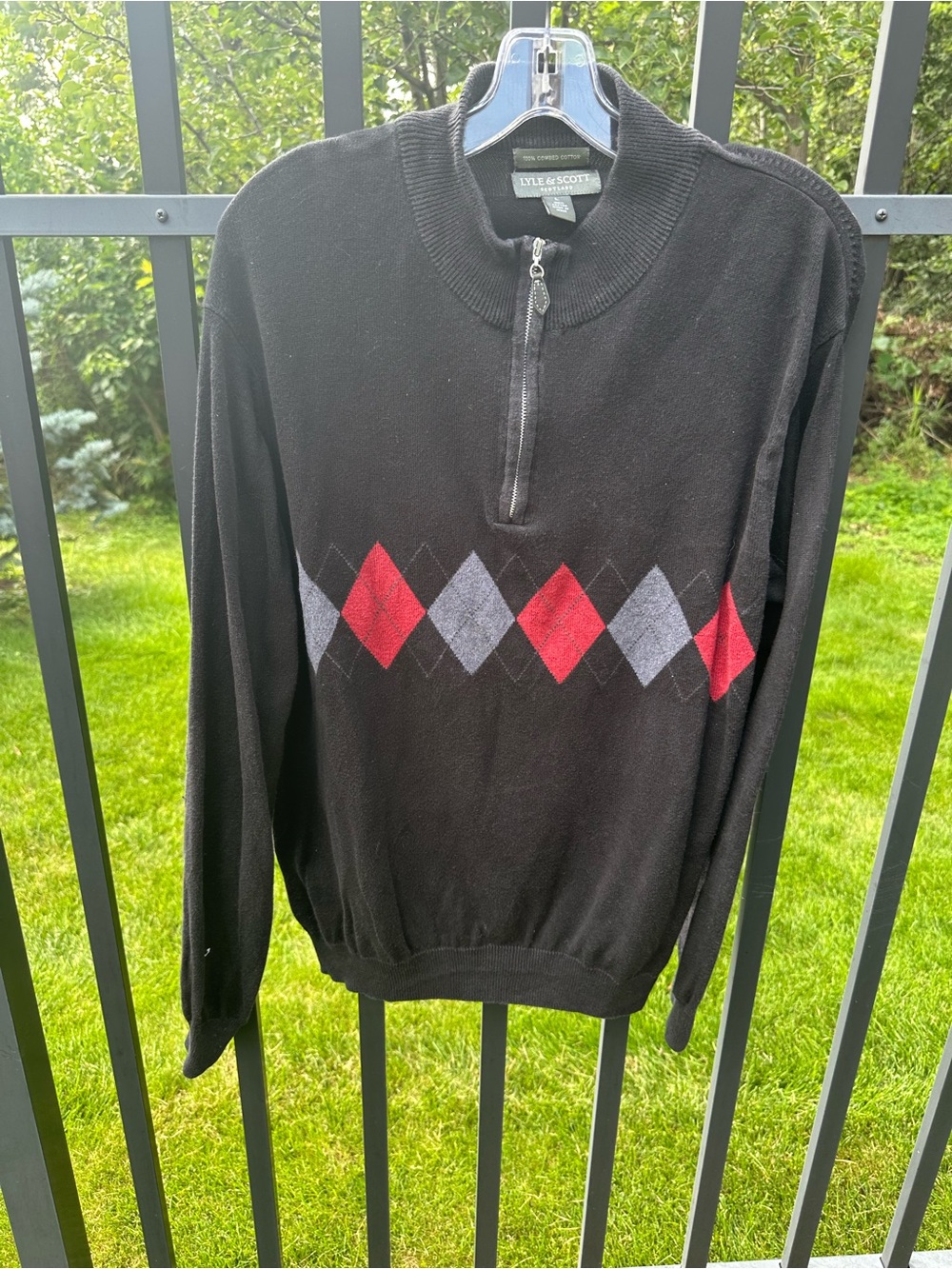 Lyle & Scott Black Half-Zip Sweater with Red and Gray Argyle